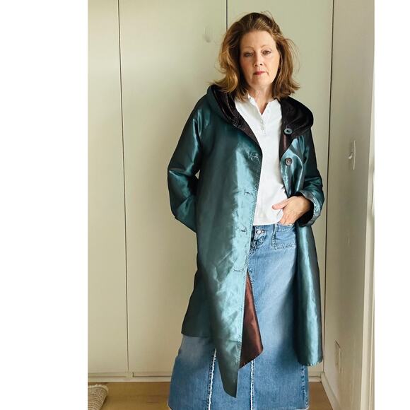 Vintage Jackets & Blazers - Vintage y2K Hooded Jacket Size Large Iridescent Teal/Brown Lagenlook Statement